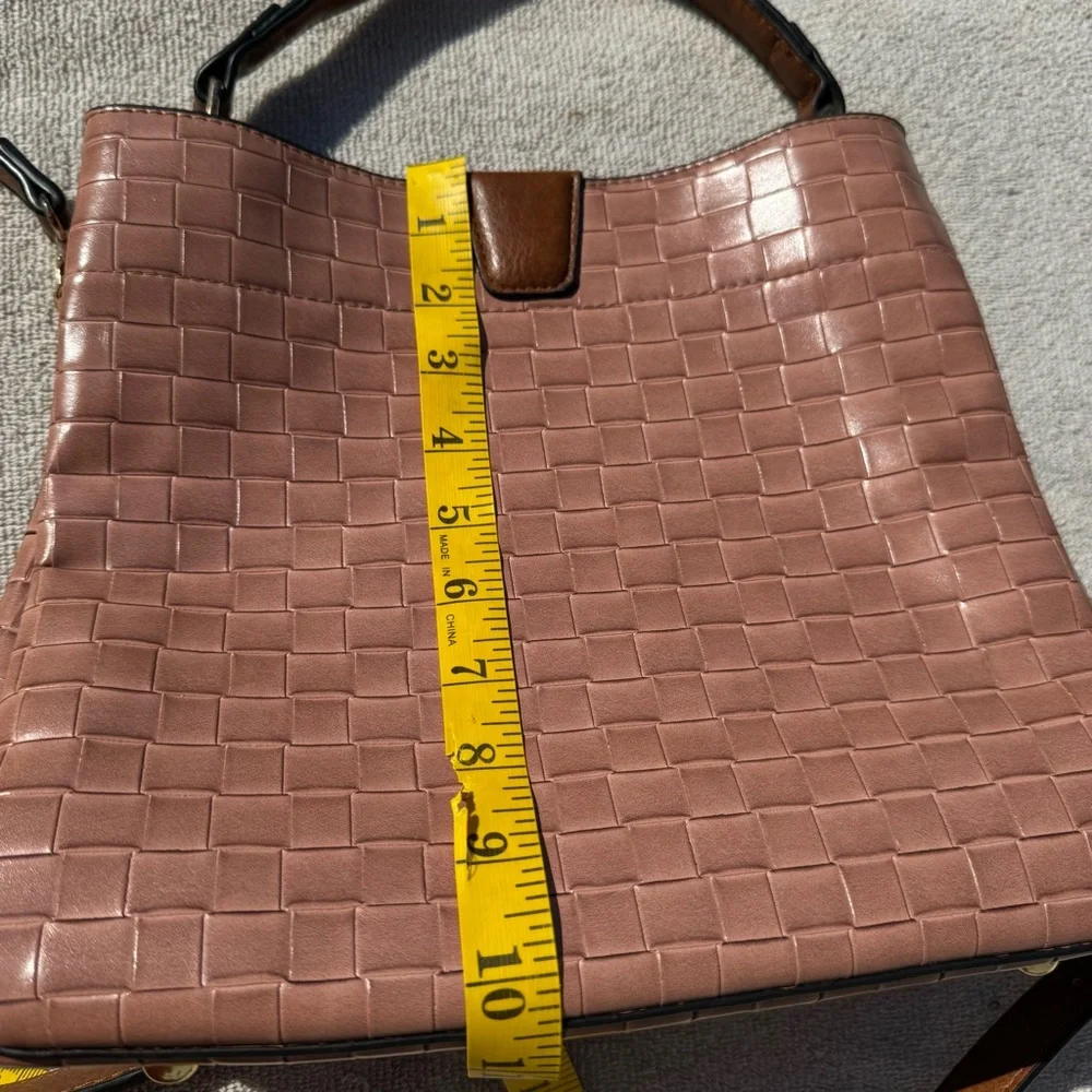JEN & CO Woven Textured Tote Bag Pink Brown Crossbody Vegan Leather